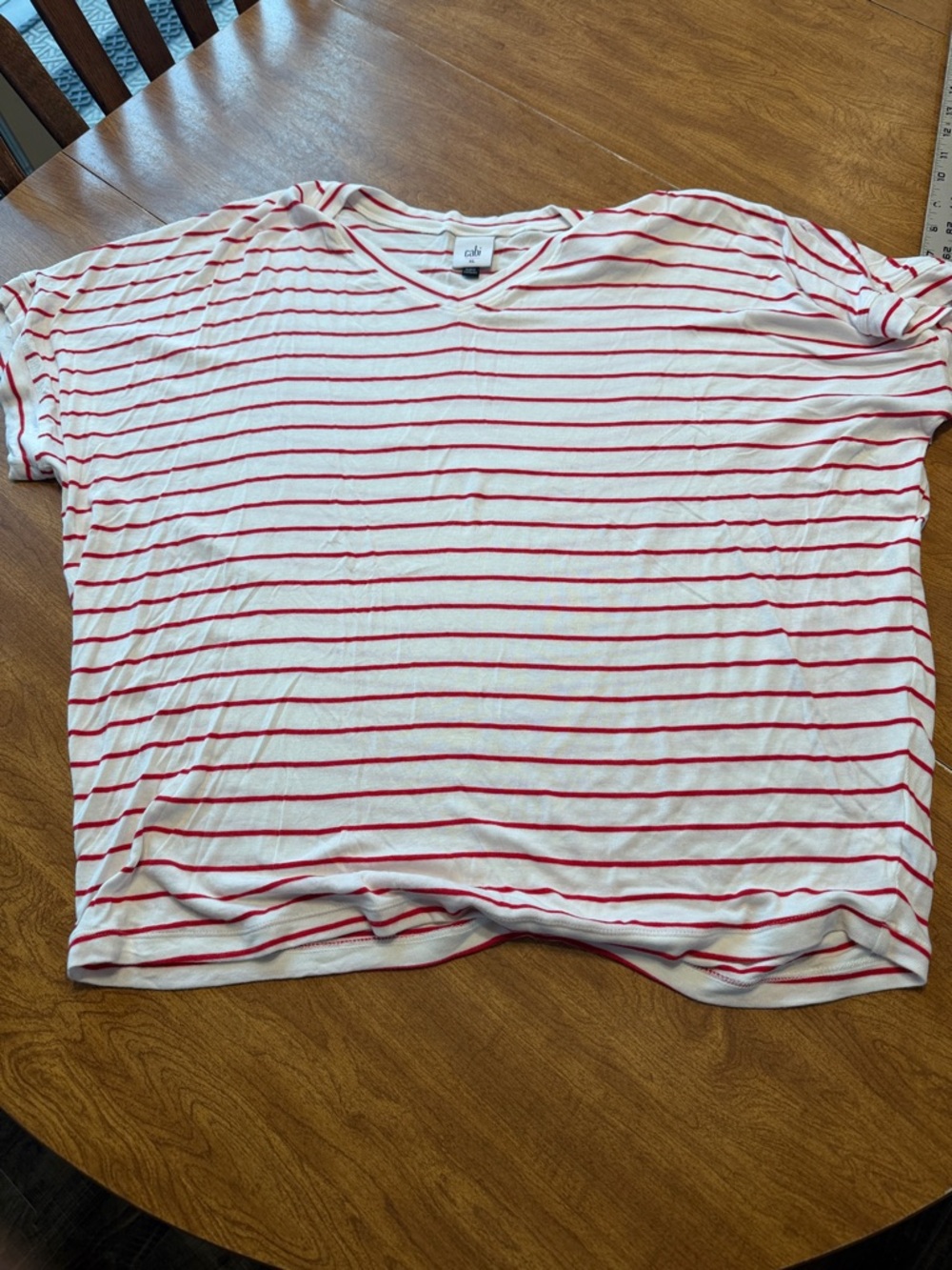 CAbi White and Red Striped V-Neck Short Sleeve Tee